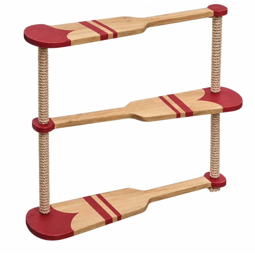 Nautical Wooden Oar Wall Shelf 3 Tier Hanging Rope Boat Paddle Display Rack Red